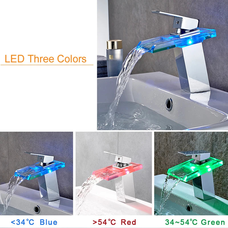ShowerEase LED Waterfall Bathroom Faucet – Brass Basin Mixer Tap, Deck Mounted