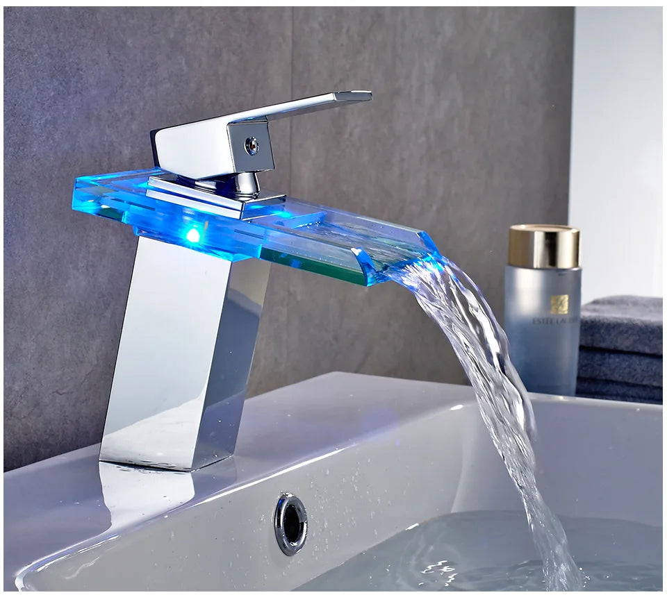 ShowerEase LED Waterfall Bathroom Faucet – Brass Basin Mixer Tap, Deck Mounted
