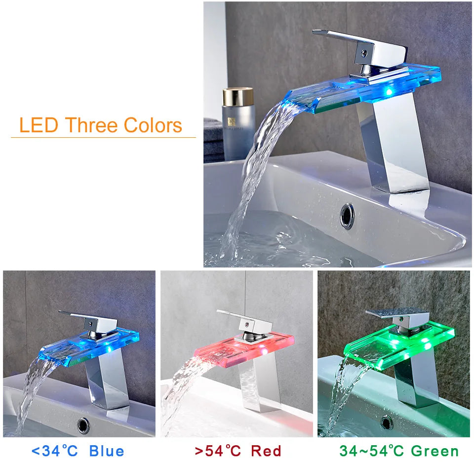 ShowerEase LED Waterfall Bathroom Faucet – Brass Basin Mixer Tap, Deck Mounted