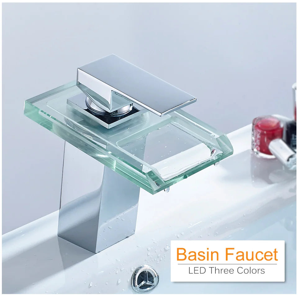 ShowerEase LED Waterfall Bathroom Faucet – Brass Basin Mixer Tap, Deck Mounted