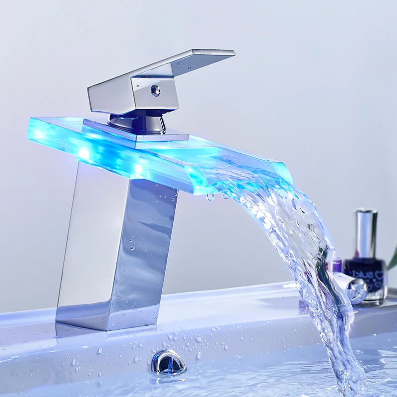 ShowerEase LED Waterfall Bathroom Faucet – Brass Basin Mixer Tap, Deck Mounted