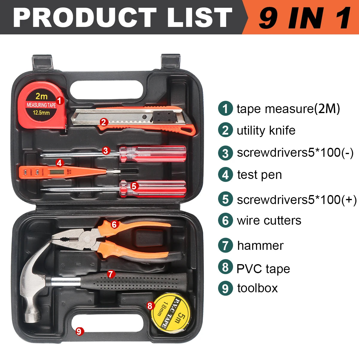ShowerEase General Household Tool Set – Hand Tools with Plastic Toolbox