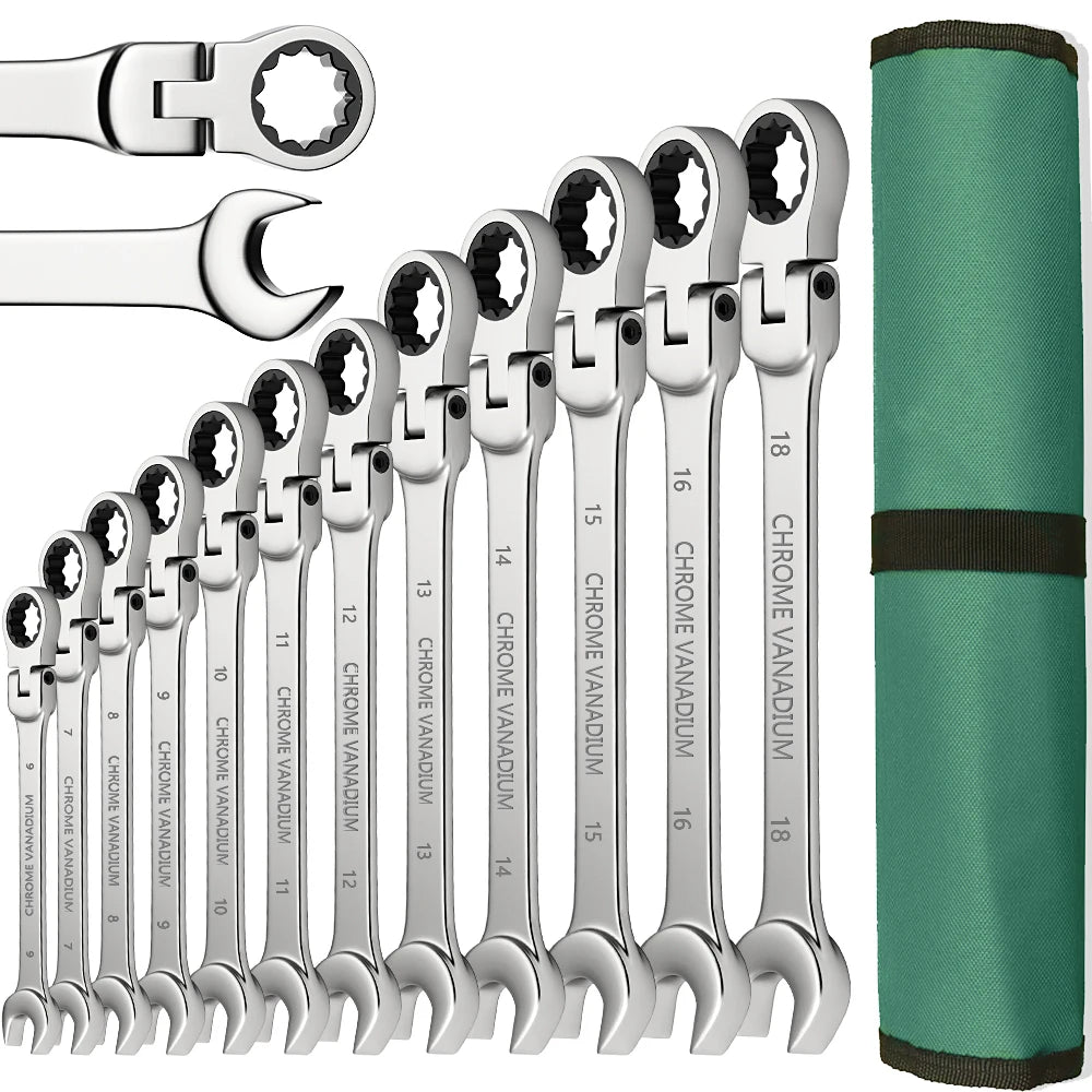 ShowerEase Ratchet Spanner Wrench Set – Flexible Head, Metric, with Canvas Bag