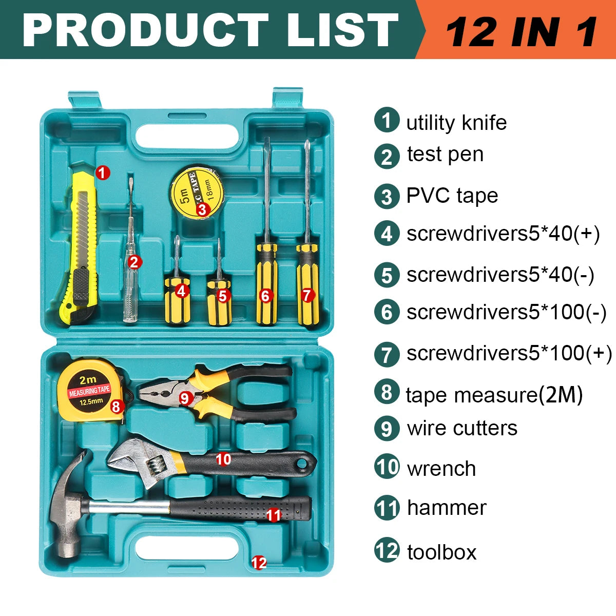 ShowerEase General Household Tool Set – Hand Tools with Plastic Toolbox