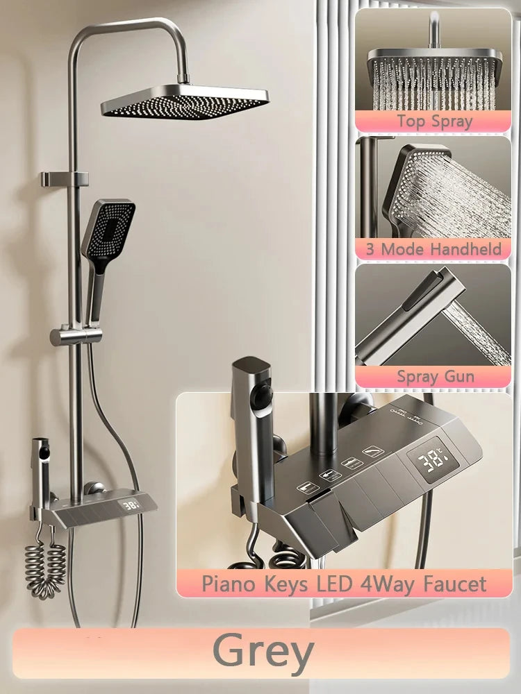 ShowerEase Piano Key Shower System – LED Digital Display, Brass Faucet