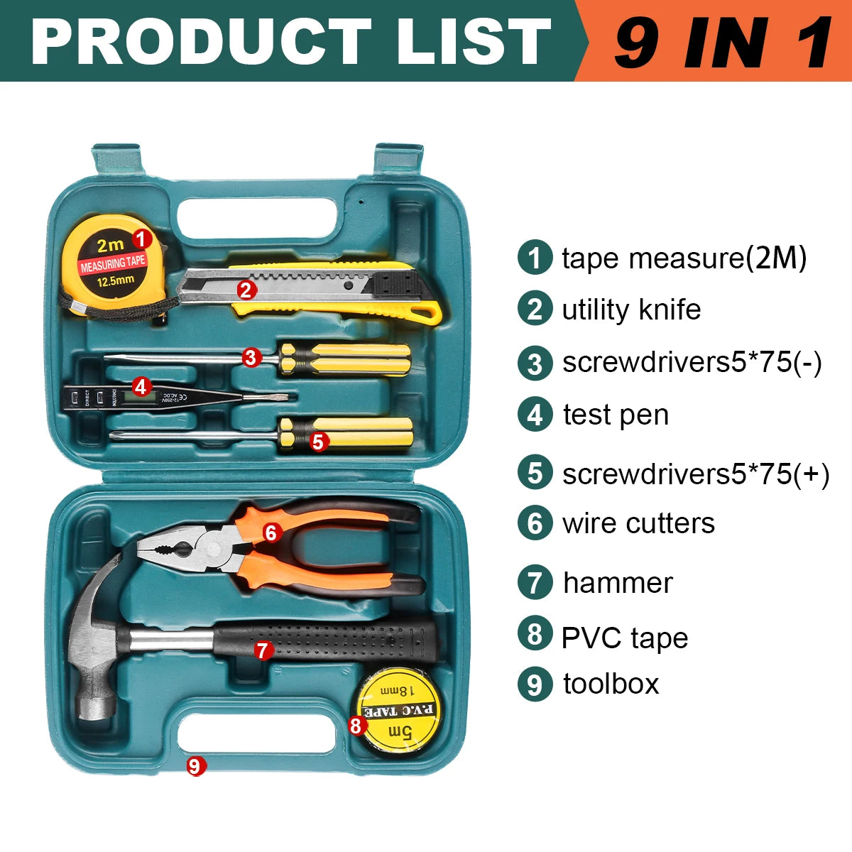 ShowerEase General Household Tool Set – Hand Tools with Plastic Toolbox