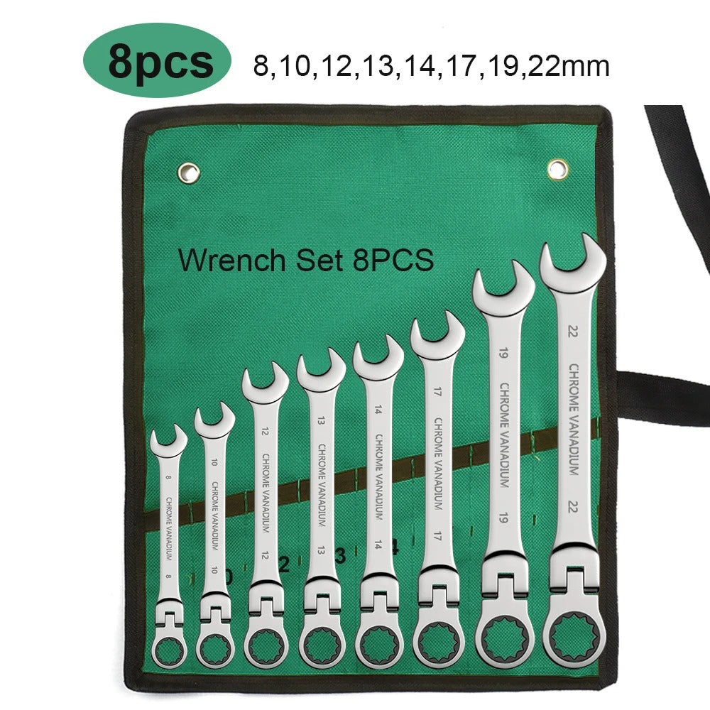 ShowerEase Ratchet Spanner Wrench Set – Flexible Head, Metric, with Canvas Bag