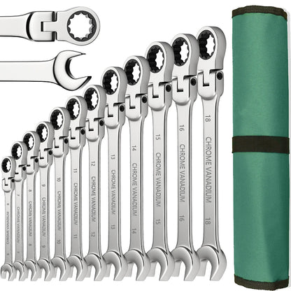 ShowerEase Ratchet Spanner Wrench Set – Flexible Head, Metric, with Canvas Bag