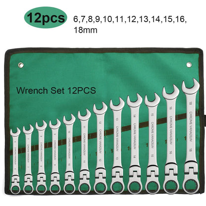 ShowerEase Ratchet Spanner Wrench Set – Flexible Head, Metric, with Canvas Bag